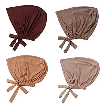 4 Pcs Women Hijab Undercap Islamic Muslim Inner Beanies Cap with Tie Back Closure, Adjustable Underscarf Hat Chemo Turban Cap(Color#2)
