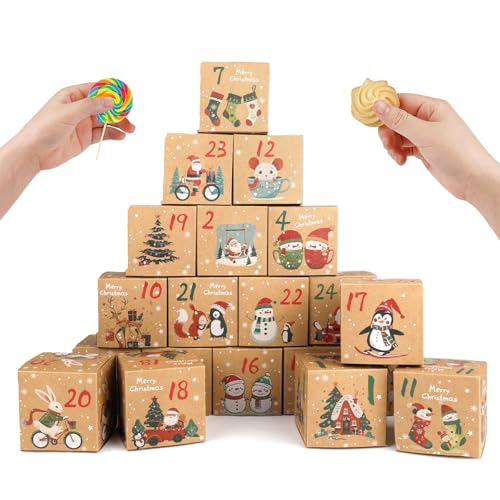 ONESING 24 Pcs DIY Christmas Advent Calendar Boxes for 2025, 24 Days Countdown Calendar Gift for Adults and Kids Christmas Kraft Cardboard Number Boxes Make & Fill Your Own Advent Calendar Boxes - color: Style-F