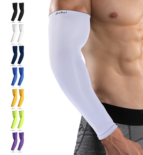 HiRui Arm Compression Sleeves for Men Women Youth, UV Protection 20-30mmHG Support Tattoo Cover, Breathable Moisture-Wicking - color: White, size: Medium (1 Pair)