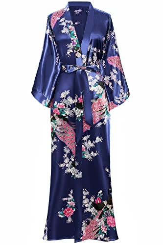 BABEYOND Women's Kimono Robe Long Satin Robes with Peacock and Blossoms Printed Kimono Nightgown - color: Dark Blue, size: One Size Plus