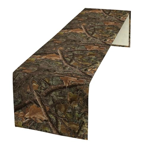 Forest Camouflage Style Table Runner, Forest Camo Conifer Oak Branches Leaves Mossy Hunting Lodge Camp Cabin Pattern for Kitchen CoffeeTea Table Dinner Room 13x36in - color: Camouflage-1, size: 13x36 Inch