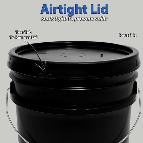 5-Gallon Bucket with Airtight Lid – Made in USA, Food Grade BPA Free Plastic, Heavy Duty Multi-Use, Metal Handle with Grip, Stackable Storage – Black, 6 Pack - color: 5 Gallon - Black, size: 6