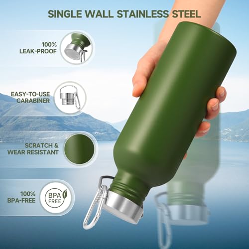 Volhoply 32oz Uninsulated Single Walled Water Bottle, Stainless Steel Sports Water Bottles with Handle, BPA Free Lightweight Water Bottles for Hiking, Biking, Running（Army Green,1） - color: Army Green