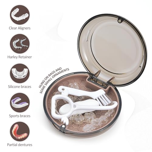 Retainer Case Slim Aligner Case with Vent Holes Removable Inner Tray Silicone for Easy Cleaning, Retainer Removal Tool and Brush (Clear Brown) - color: Clear Brown