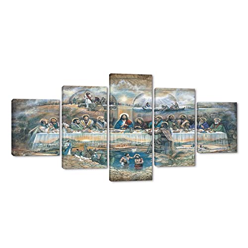 5 Pieces The Last Supper and Jesus Help People Canvas Wall Art Christ Jesus God Artwork Paintings Posters and Prints HD Print Modern Home Church Wall Decor Wooden Framed Ready to Hang-50 Wx24 H - color: Artwork-05, size: 50''Wx24''H