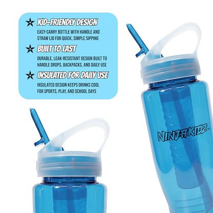 Ninja Kidz Official Kids Water Bottle with Straw, Reusable Water Bottle with Handle, Leak-Resistant, Insulated, Durable, Great for Sports, Official Merch, 0.5 liters, Blue - color: Blue