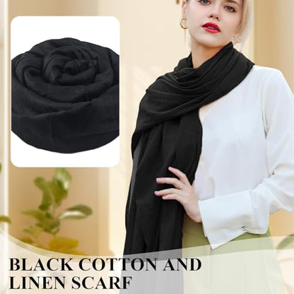 Extra Large Cotton Linen Shawl Wrap for Women, Elegant Scarf with UV Protection Breathable Lightweight Head Cover Hijab - color: Black