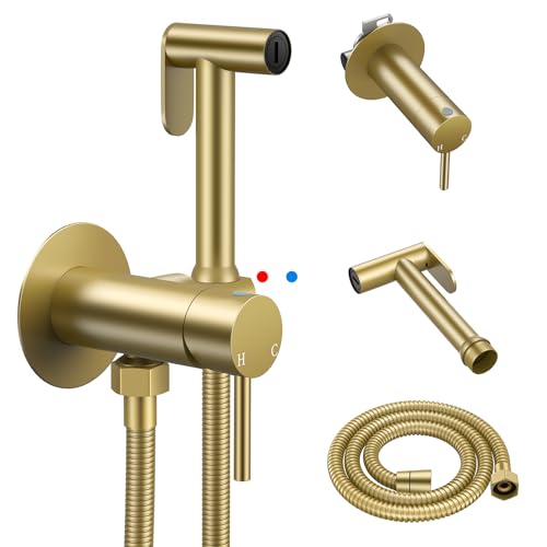 Arofa Built-in Hot and Cold Handheld Bidet Sprayer for Toilet, Gold Warm Water Bidet with Adjustable Water Flow, Dual Control Mode Muslim Shower with Spray Hose for Feminine Wash, Wall Mounted - color: Gold, size: Built-in Hot & Cold Round-1 Pack