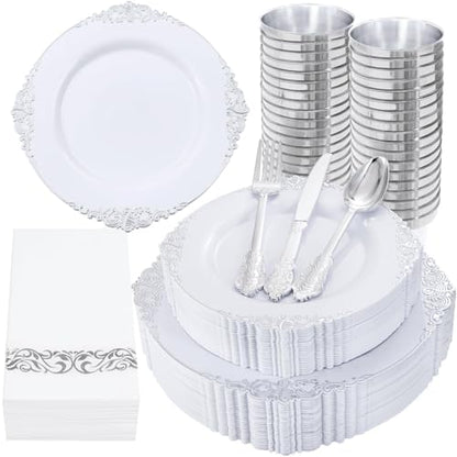 Nervure 350PCS Silver Plastic Dinnerware - White and Silver Disposable Plates for 50 Guests - 100 Disposable Plates, 150 Plastic Silverware, 50 Cups, 50 Napkins for Wedding & Party - color: White Silver, style: 350Pcs(50Guests)