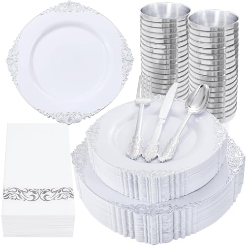 Nervure 350PCS Silver Plastic Dinnerware - White and Silver Disposable Plates for 50 Guests - 100 Disposable Plates, 150 Plastic Silverware, 50 Cups, 50 Napkins for Wedding & Party - color: White Silver, style: 350Pcs(50Guests)