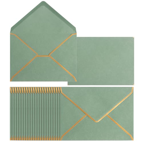 50 Pack A4 Envelopes Sage Green 4x6 with Gold Border, 4.25x6.25 | Self-Adhesive, V Flap, For Wedding, Graduation, Baby Shower, Parties, Invitations - color: Sage Green, size: A4 (4.25x6.25)