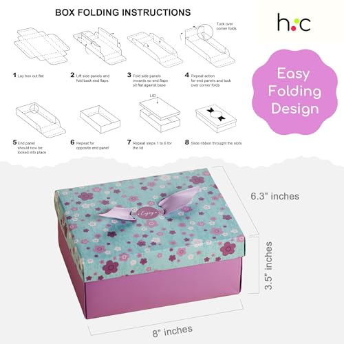 Floral Gift Boxes with Lids & Ribbons (20 Pack) 8" x 6.3" x 3.5" Decorative Printed Treat Boxes for Gift Giving, Soaps, Chocolate, Small Presents, Christmas, Birthdays, Bridesmaid, Diwali, Bulk, Empty