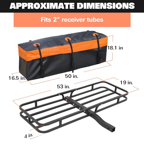 WEIZE 53" x 19" Hitch Mount Cargo Carrier Basket 500LB Capacity with Hitch Stabilizer, Waterproof Bag, Net & Straps, Fits 2" Receiver for Car SUV, Steel Construction - size: 53" x 19" x 5"