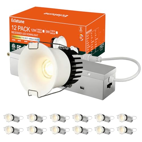 2 Inch Anti-Glare LED Recessed Lighting with Junction Box LED Downlight, IP65 Shower Light 5CCT Waterproof, 2700K-5000K Selectable CRI90+, 9W COB, 840LM Dimmable-ETL 12Pack - color: White-12P, size: 2 Inch