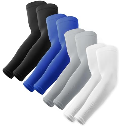 OutdoorEssentials UV Sun Sleeves for Men & Women, Cooling Arm Sleeves UPF 50+ | Golf, Tattoo Cover Up, Sun Protection - color: (4 Pairs): 1 Black, 1 Gray, 1 Blue, 1 White