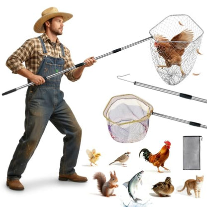 Chicken Net Catcher 3 in 1 Kit with 2 Foldable Nets & Leg Hook Replaceable | Adjustable from 32" to 76" with Thickened Pole丨Humanely Captures for Chicken,Fish,Poultry,Cats,Birds and Animals