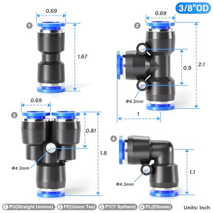 TAILONZ PNEUMATIC 3/8 inch od Push to Connect Fittings Pneumatic Fittings kit 5 Spliters+5 Elbows+5 tee+5 Straight (20 pcs) - color: Blue, size: 3/8"OD/20PCS