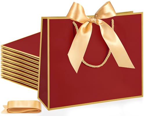 Silkfly 12 Pcs Paper Gift Bags with Handles & Bow Ribbon, Burgundy Red - color: Burgundy Red
