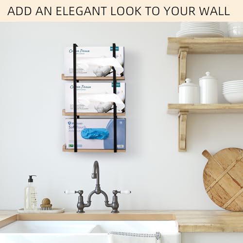 Glove Holder Dispenser for Wall Mount Wooden Metal Disposable Latex Glove Box Holder for Home Office, Lab and Garage, Tissue Wire Rack Wall-mounted for Kitchen Organizer Decor