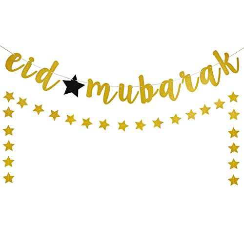 TeePolly Gold Eid Mubarak Banner and Star Garland, Muslim Eid Mubarak Festival Decorations for Home Ramadan Party