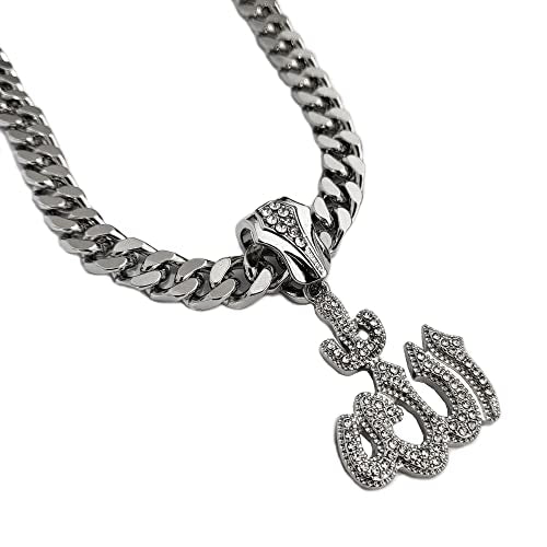 Iced Silver Plated Simulated Diamond Allah Pendant & 10mm 18" 20" 24" 30" Cuban Chain Hip Hop Rapper Style Jewelry Fashion Bling Necklace Gift for Men Women - size: 24" CHAIN