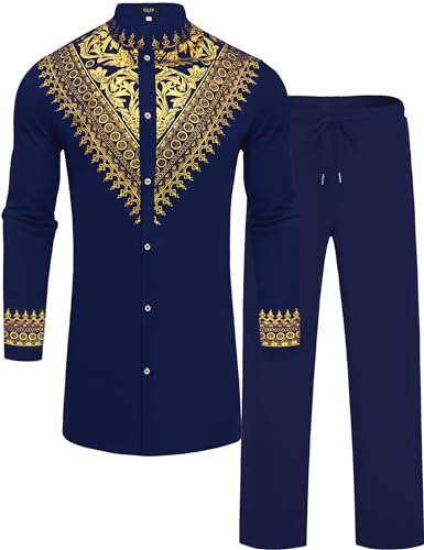 Mens African 2 Piece Set Metallic Traditional Suit Gold Stamp Printed African Dashiki Shirt and Pants Outfit - color: Navy Blue, size: Medium