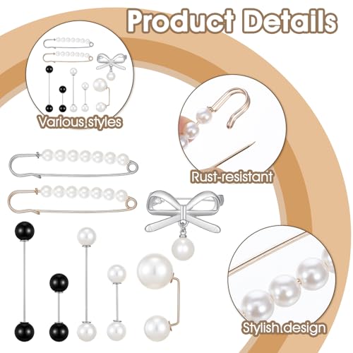 16 Pcs Pearl Brooch Pins Set, Decorative Safety Pin Pant Waist Tightener Pins for Clothes Sweater Shawl Hat Clips White Collar Clips for Cardigan Dress Sweater - style: Pearl Style