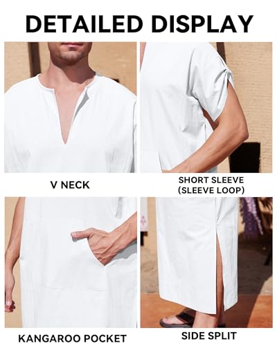 YAOHUOLE Men's Short Sleeve Kaftan Thobe Side Split Caftan with Pockets Long Gown Thobe - color: White, size: X-Large