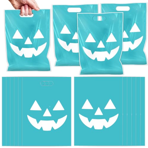 Falueqg Halloween Teal Pumpkin Favors Bags - 50 Pcs Halloween Trick or Treat Goodie Bags with New Teal Pumpkin Design, Party Supplies Plastic Gifts Pouches for Family Gathering Celebration - color: Halloween Teal Pumpkin