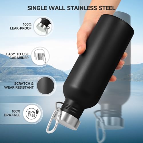 Volhoply 32oz Uninsulated Single Walled Water Bottle, Stainless Steel Sports Water Bottles with Handle, BPA Free Lightweight Water Bottles for Hiking, Biking, Running（Black,1） - color: Black