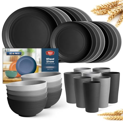 Teivio 32-Piece Plates and Bowls Sets for 8, Wheat Straw Dinnerware Sets - color: Gray Ombre