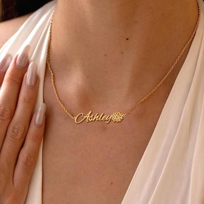 Elemtansy Custom Name Necklace with Birth Flower, Personalized Jewelry Necklaces for Women, 18K Gold Name Plate Necklaces Personalized Mothers Day Birthday Gifts for Women Sister Best Friend - color: 4-Name with Birth flower