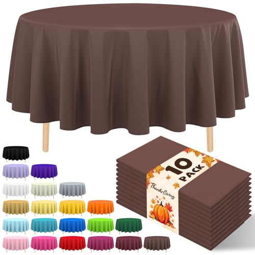 10 Pack Premium Disposable Plastic Tablecloth 84" Round Table Cover for Birthdays Weddings Christmas Anniversary Buffet Table (Brown) - color: Brown, size: 84" Round