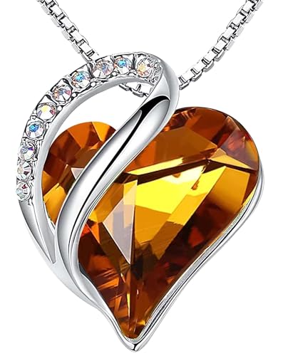 Leafael Gift Necklaces for Women, Infinity Love Birthstone Heart Crystal Pendant, Birthday Anniversary Jewelry for Wife, Mom, and Her, Silver Plated, 18" + 2" Adjustable Chain - color: 11a-November-Amber Brown