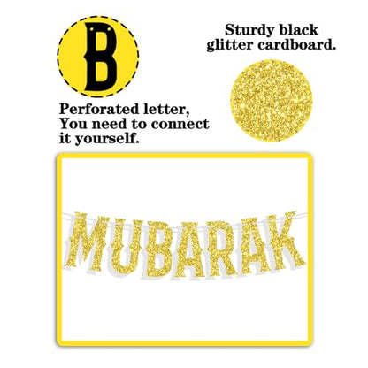 Eid Mubarak Banner, Umrah Mubarak Festival Party Decorations, Muslim Islam Eid al-Fitr Party Decorations Supplies Gold and Black Glitter