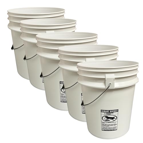 5-Gallon Bucket Pail Container Without Lid | Metal Handles with Plastic Grip for Easy Carrying | Easy Stack and Store | Heavy-Duty Extra Durable | Food Grade (5, White) - color: White