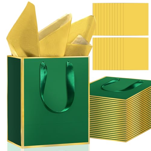 Epoesch 24 Pack Gift Bags with Handles & 24 Tissue Papers – 8x5x10 Inches - color: Green Gold, size: 1 Count (Pack of 24)