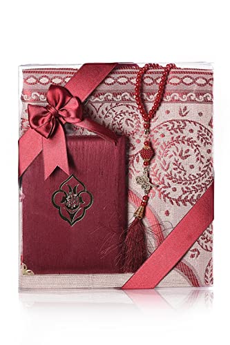 Muslim Prayer Rug, Yaseen Surah Pocket-Size Book & Prayer Beads Set, Perfect Islamic Gift I Mawlid Gift I Suitable for Men, Women I Soft Prayer Rug | Islamic Ramadan Eid Gifts, (Burgundy, 1 Sets) - color: Burgundy, size: 1 Sets