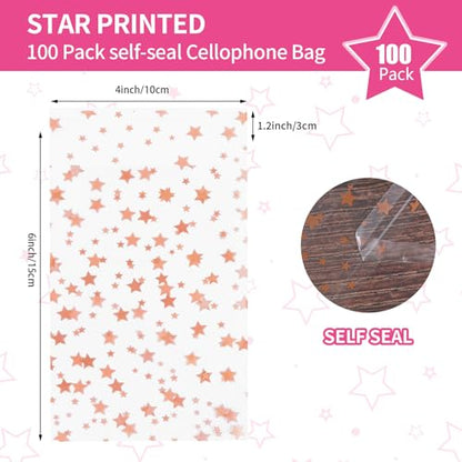 COQOFA 100 Pcs 4x 6 In Star Self-Sealing Cellophane Treat Bag, Clear Cookie Candy Bags Resealable Cellophane Gift Goodie Bag OPP Plastic Party Favor Bags for Bakery,Wedding,Birthday,Baby Shower ,Self Adhesive for Packaging (Rose Gold) - color: Rose Gold(S