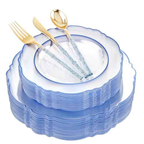 Liacere 150PCS Clear and Blue Plastic Plates-Clear and Blue Disposable Plates with Glitter Bamboo Handle Cutlery-60 Baroque Elegant Plates, 30 Forks, 30 Spoons, 30 Knives for Wedding&Party&Mothers Day - color: Blue, size: Baroque Style