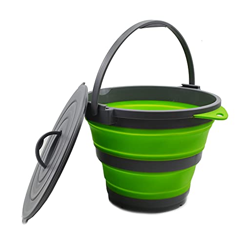 SAMMART 10L (2.64Gallon) Collapsible Fishing Bucket with Locking Lid - Portable Plastic Water Pail - Space Saving Outdoor Waterpot - Trunk Organizer for All Types of Vehicles - color: Dark Grey/Green