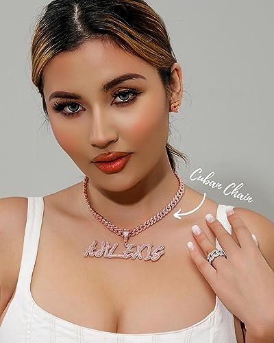 Lulu Mel Iced Out Personalized Cursive Name Necklace For Trendy Women, Custom Handmade Nameplate Pendant With Cuban Link Chain, White Gold Plated Hip Hop CZ Diamond Jewelry Gifts - color: Rose Gold