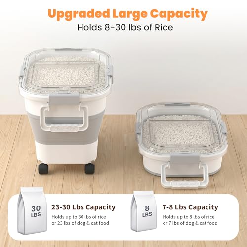 30 Lbs Rice Storage Container with Wheels, Collapsible Airtight Food Storage Container with Transparent Lid, Measuring Cup, Scoop, Handle, BPA Free Rice Holder for Pet Food, Grain, and Bird Seed - color: Grey/23-30lbs