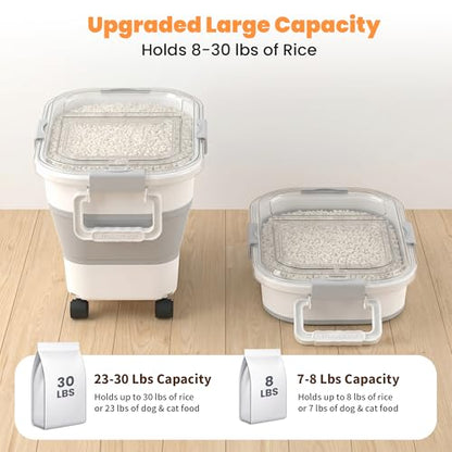 30 Lbs Rice Storage Container with Wheels, Collapsible Airtight Food Storage Container with Transparent Lid, Measuring Cup, Scoop, Handle, BPA Free Rice Holder for Pet Food, Grain, and Bird Seed - color: Grey/23-30lbs