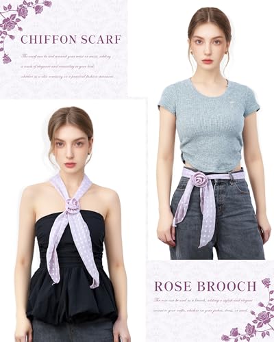 Chiffon Scarf for Women, Removable Flower Neck Scarf Light Soft Fashion Rose Scarves Versatile Headband or Hair Band - color: Blush Dot