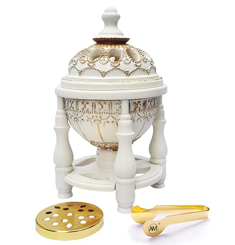 AM Charcoal Incense Burner - Bakhoor Burner, Oud Frankincense Resin Burner for Office & Home Decor - Lavish 4 Pillar (White) - color: White
