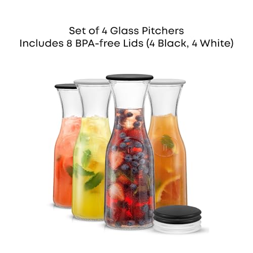 JoyJolt Glass Carafe with Lid, Set of 4 – 1 Liter Glass Pitcher for Mimosa Bar, Water, Iced Tea, Juice, Wine, Lemonade, Milk – Dishwasher Safe Beverage Drink Dispensers for Brunch, Parties - size: Set of 4, 36 Ounces each