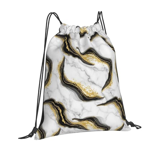 Water Resistant Gym Sack, Gold Black And White Marble, Drawstring Backpack with Zipper Pocket for Workout and Training - color: Pattern (376)