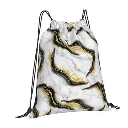 Water Resistant Gym Sack, Gold Black And White Marble, Drawstring Backpack with Zipper Pocket for Workout and Training - color: Pattern (376)