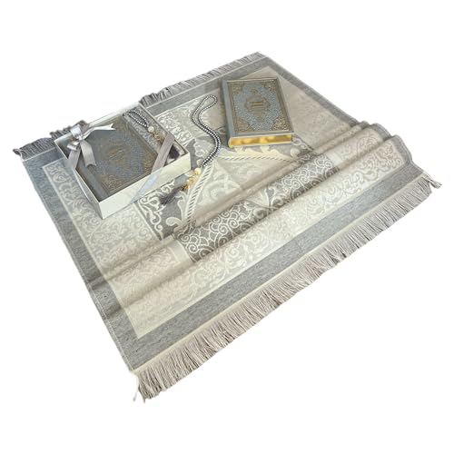 English Translate Thermo Leather Covered Quran,Tafta Prayer Mat and Beads Set |Quran Size:8x5.5x1.2 İnch/20x14x3cm | Muslim Prayer Mat | Great Ramadan Gifts for Muslim Men,Women(Silver, 1 Sets) - color: Silver, size: 6" x 8" (Rectangular)